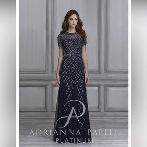 Adrianna Papell Platinum Evening 40107 Gown Navy Blue Sequins Flare Sz 8 MOTB